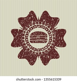 Red cheeseburger icon inside distress rubber stamp with grunge texture