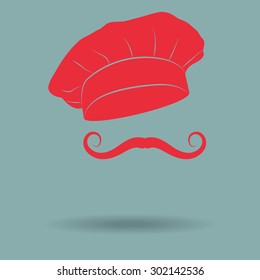 Red Chef and cook hats set isolated with mustache
