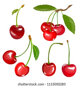 Red cherries, bunches of cherries with leaves on white background