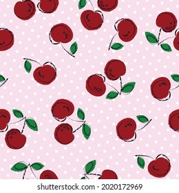 red cherries with dot polka vector seamless pattern