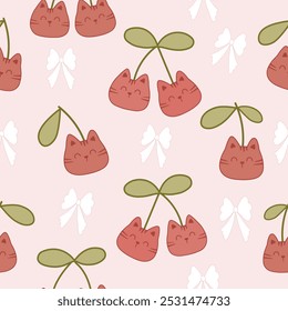 red cherries fruit shaped cat faces  with leaves and bows seamless pattern