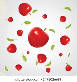 Red cherries with a green leaf. white background.