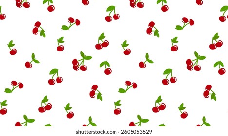 Red cherries and green leaves on white background in a seamless pattern. For textile, fabric, tablecloth, packaging, wallpaper and summer projects