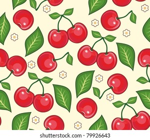 Red cherries with green leaves on a yellow background. A seamless vector background