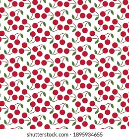 Red cherries with green leaves repeat pattern in light background