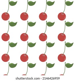 
Red cherries with green leaves. Seamless pattern on a transparent background with cherry berries. For printing on fabrics, textiles, paper, interior decor, use background, digital, web.