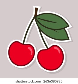 Red cherries with green leaves sticker design. Flat style vector illustration for food related designs and summer themed graphics