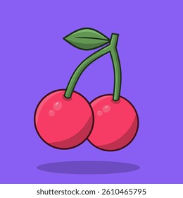 Red Cherries with Green Stems and Leaf Cartoon