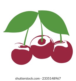 Cerezas rojas con tallos verdes y hojas en el fondo blanco.