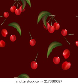 rote Kirschen, Blätter, nahtloses Obstmuster auf dunklem Hintergrund.Vektorgrafik.Print für Ihr Strickbekleidungsdesign, Tapete, Poster an der Wand.