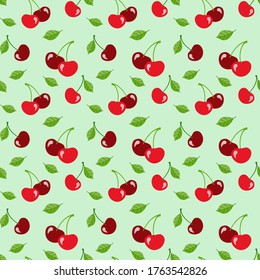 Red cherries with leaves on a pale green background, flat style. Vector seamless pattern for wrapping paper, packaging, wallpaper, printing on fabric, textile, menu, clothes and bags. Design template