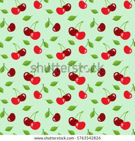 Red cherries with leaves on a pale green background, flat style. Vector seamless pattern for wrapping paper, packaging, wallpaper, printing on fabric, textile, menu, clothes and bags. Design template