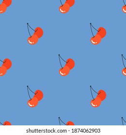 Red cherries on a blue background. Bright Valentine's day pattern. Trendy hand drawn red berries seamless vector pattern for stationery, cards, web and wrapping paper. Sweet food and healthy habits.