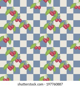 Red cherries on check pattern, seamless vector illustration