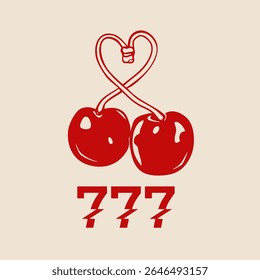 Red Cherries on stem. Double cherry with three seven. Good luck concept. Hand drawn trendy Vector illustration. Isolated design element. Icon, print, sticker, logo template