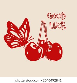 Red Cherries on stem. Triple cherry with butterfly. Good luck text. Hand drawn trendy Vector illustration. Isolated design element. Icon, print, sticker, logo template