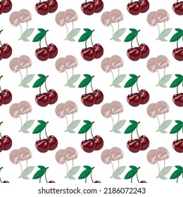 Red cherries on white background seamless pattern, a delicious berry background