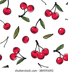 Red cherries on white background seamless pattern