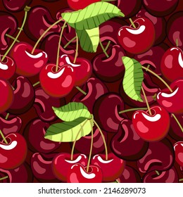 Red cherries in a pattern.Ripe cherries on a colored background in a vector pattern.