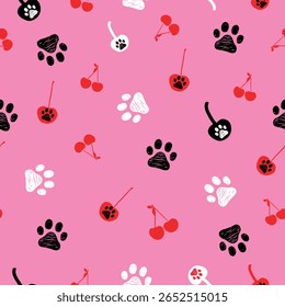 Red cherries and paw prints seamless with pink background pattern