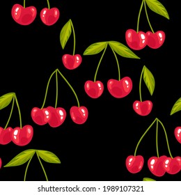 Red cherries seamless background. Ripe berries at isolated black background. Flat design. Botanical pattern for fabric, textile, dress, wrapping,