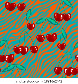 Red cherries seamless background. Ripe berries at striped zebra skin texture. Flat design. Intricate pattern made of animal skin and botanical ornament for fabric, textile, dress, wrapping.