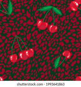 Red cherries seamless background. Ripe berries at spotted leopard texture. Flat design. Intricate pattern made of animal skin and botanical ornament for fabric, textile, dress, wrapping.