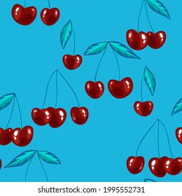 Rote Kirschen nahtloser Hintergrund. Reife Beeren einzeln auf hellblauem Hintergrund. Flaches Design. Botanisches Muster für Gewebe, Textilien, Kleidung, Umhüllung.