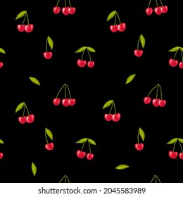 Red cherries seamless background. Ripe berries at isolated black background. Flat design. Botanical pattern for fabric, textile, dress, wrapping,