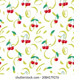 Red cherries seamless background. Ripe berries at geometric shapes texture. Flat design. Pop art pattern made of Memphis style shapes and botanical ornament for fabric, textile, dress, wrapping.