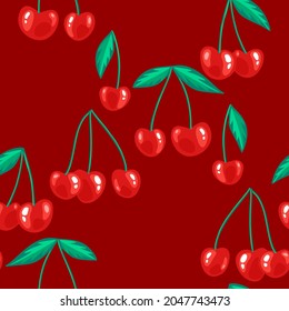 Red cherries seamless design. Ripe berries isolated at red background. Flat style. Botanical pattern for fabric, textile, dress, wrapping.