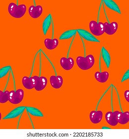 Red cherries seamless design. Ripe berries isolated at orange background. Flat style. Botanical pattern for fabric, textile, dress, wrapping.