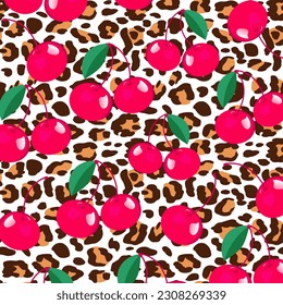 Red cherries seamless pattern. Red berries on leopard background. Flat design. Use for fabric, textile, dress, wrapping.