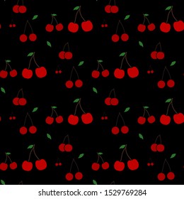 Red cherries seamless pattern. Repeatable background with tasty red cherries. Ripe berries at black background. Vector file is EPS10