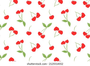 
Red cherries in the shape of hearts. Cute print on a white background. Vector pattern.