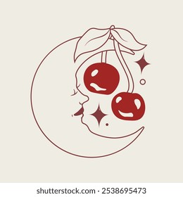 Cerejas vermelhas e lua crescente sorridente