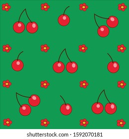 Red cherries surrounded by flowers on a green background, vector image.