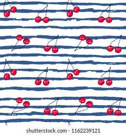 Red Cherries vector seamless pattern, cute fashion background for textile, wrapping paper, scrapbooking, surface design.
