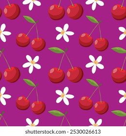 Patrón sin fisuras de Vector de cereza roja, gráfico de cereza, bayas de cereza, patrón de cereza