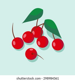 Red cherry berries with leaves. Vector.