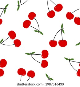 Red cherry, berries on a branch, seamless pattern. Ideal for application on fabric or wrapping paper