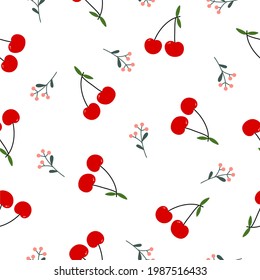 Cereza roja, bayas en una rama, patrón sin costuras. Ideal para la aplicación en tejidos o papel de envoltura