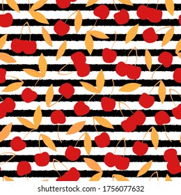 Red cherry berries on a striped background. Vector seamless pattern with golden leaves.