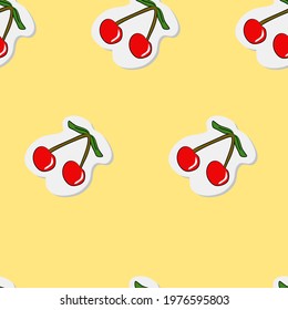 Red cherry berries on a yellow background. Vector seamless pattern, illustration, decorative design for fabric or paper. Ornament modern