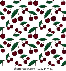 Red cherry berries seamless pattern. Tasty and juicy illustration for bright decoration.
