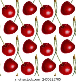 Red cherry berries with vector summer seamless pattern watercolor style vector graphic design. Fresh cherry red berries food dessert. Bird-cherry, merry. Kitchen interior textile print.