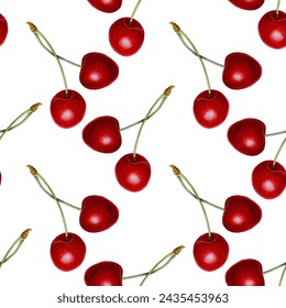 Red cherry berries with vector summer seamless pattern watercolor style vector graphic design. Fresh cherry red berries food dessert. Bird-cherry, merry. Kitchen interior textile print.