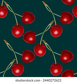 Red cherry berries with vector summer seamless pattern watercolor style vector graphic design. Fresh cherry red berries food dessert. Bird-cherry, merry. Kitchen interior textile print.