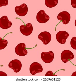 Fondo rojo de cerezo. Frutos frescos sin fisuras. Ilustración plana vectorial.