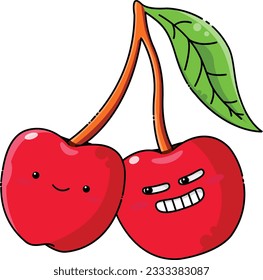 Red cherry with birght smile in one branch. Vector illustration for education book.